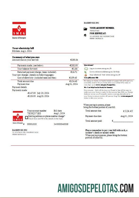 imprimível Modelo de fatura de serviços públicos de eletricidade SMEG de Mônaco em formatos Word e PDF